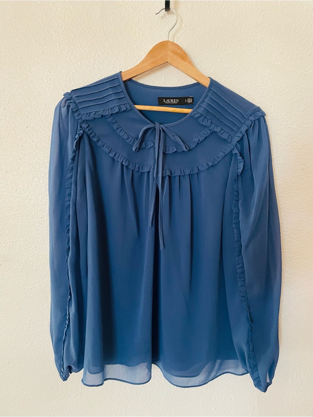 Ralph Lauren Blue Ruffle Tie-Neck Peasant Blouse Size Large